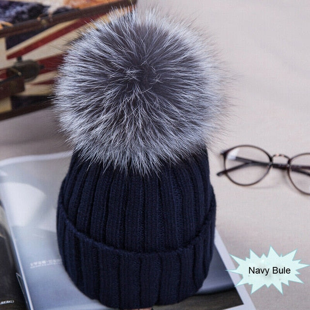 Womens Hat Winter Fox Fur Pom Pom Knit - Great Stuff OnlineGreat Stuff Online Navy Blue