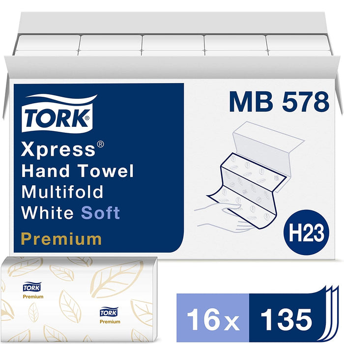 Tork Premium MB578 Soft Xpress Multifold Paper Hand Towel, 3-Panel, 2-Ply, 9.125" Width x 10.875" Length, White (Case 16 Packs, 135 per Pack, 2,160 Towels) - Great Stuff OnlineGreat Stuff Online