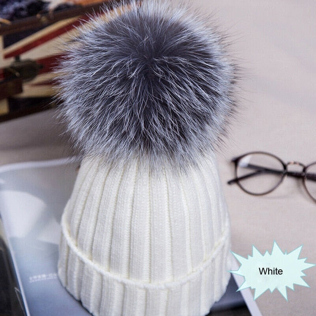 Womens Hat Winter Fox Fur Pom Pom Knit - Great Stuff OnlineGreat Stuff Online White