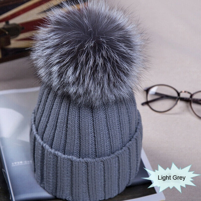 Womens Hat Winter Fox Fur Pom Pom Knit - Great Stuff OnlineGreat Stuff Online Light Grey