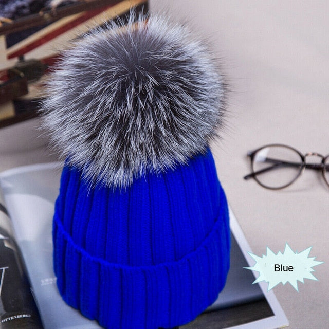 Womens Hat Winter Fox Fur Pom Pom Knit - Great Stuff OnlineGreat Stuff Online Blue