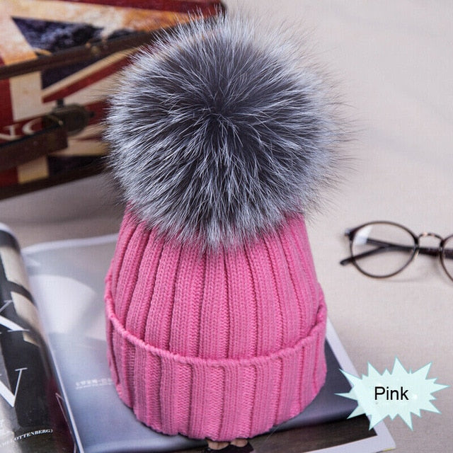 Womens Hat Winter Fox Fur Pom Pom Knit - Great Stuff OnlineGreat Stuff Online Pink