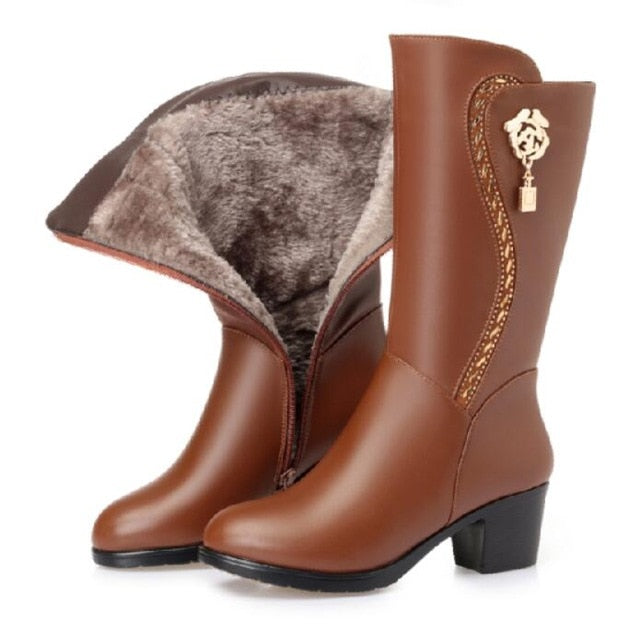Womens Leather Winter Knee High Boots Wool Fur Inside - Great Stuff OnlineGreat Stuff Online brown plush lining / 5